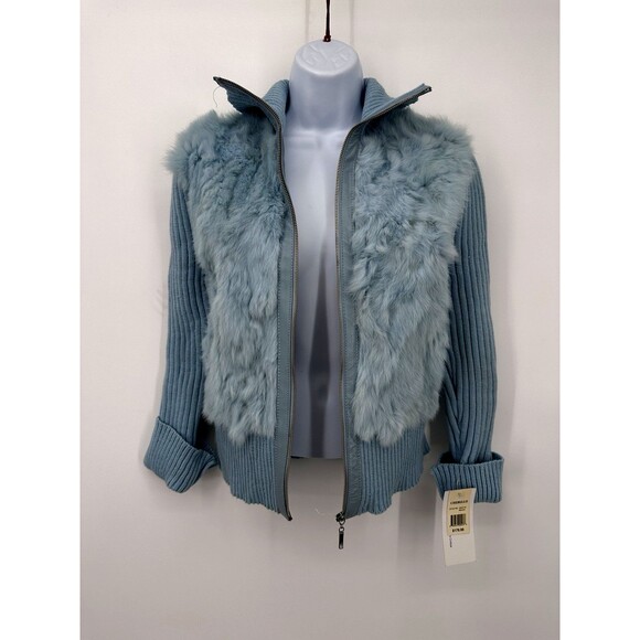 Vintage Y2K CHEBELLO  Rabbit Fur Leather Trim Zip Up Sweater Size M  NWT$179‎ - Picture 5 of 17